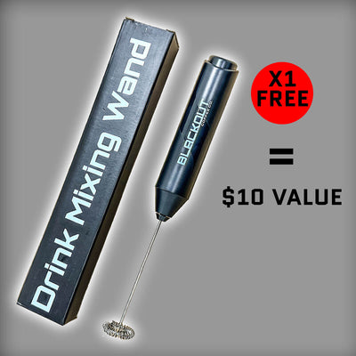 Drink mixing wand with packaging and promotional text on a gray background