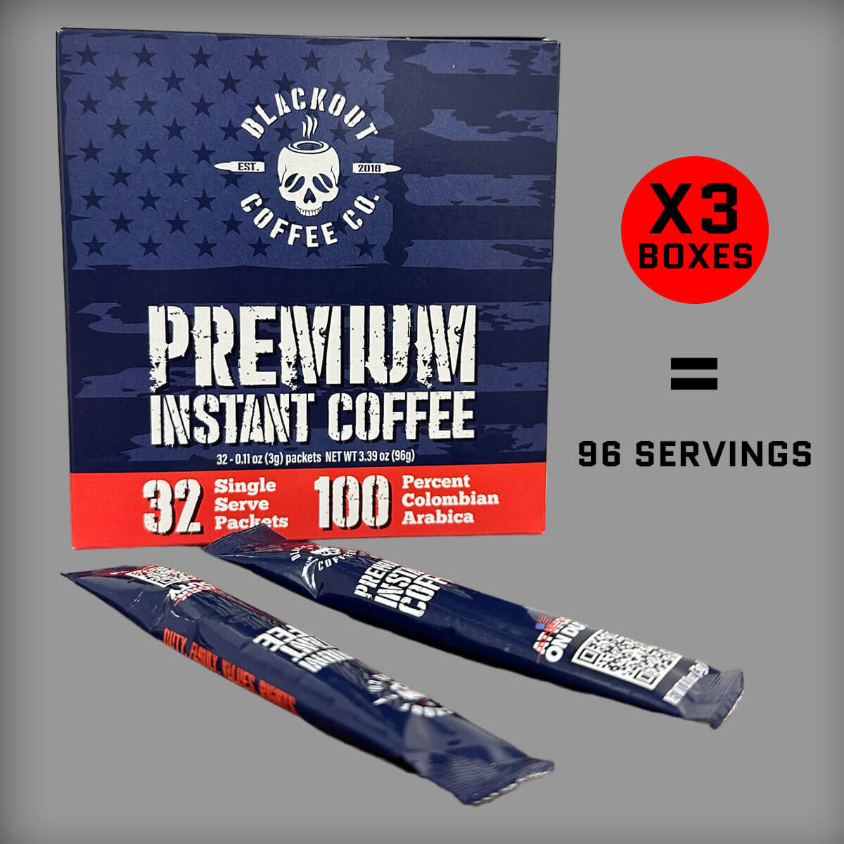 Blackout Coffee Co. premium instant coffee package with two packets on a gray background
