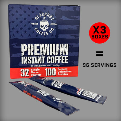 Blackout Coffee Co. premium instant coffee package with two packets on a gray background