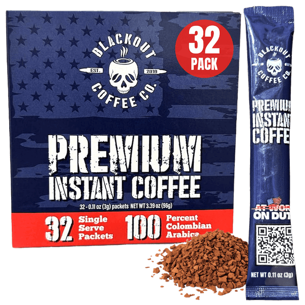 Blackout Coffee Co. 32 pack premium instant coffee with a single packet.