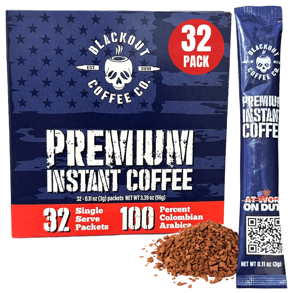 Blackout Coffee Co. 32 pack premium instant coffee with a single packet.