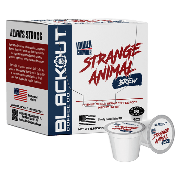 Box of Blackout Coffee Co. Strange Animal Brew coffee pods with two pods in front on a white background