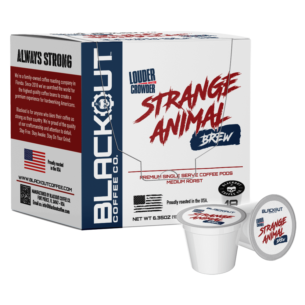 Box of Blackout Coffee Co. Strange Animal Brew coffee pods with two pods in front on a white background