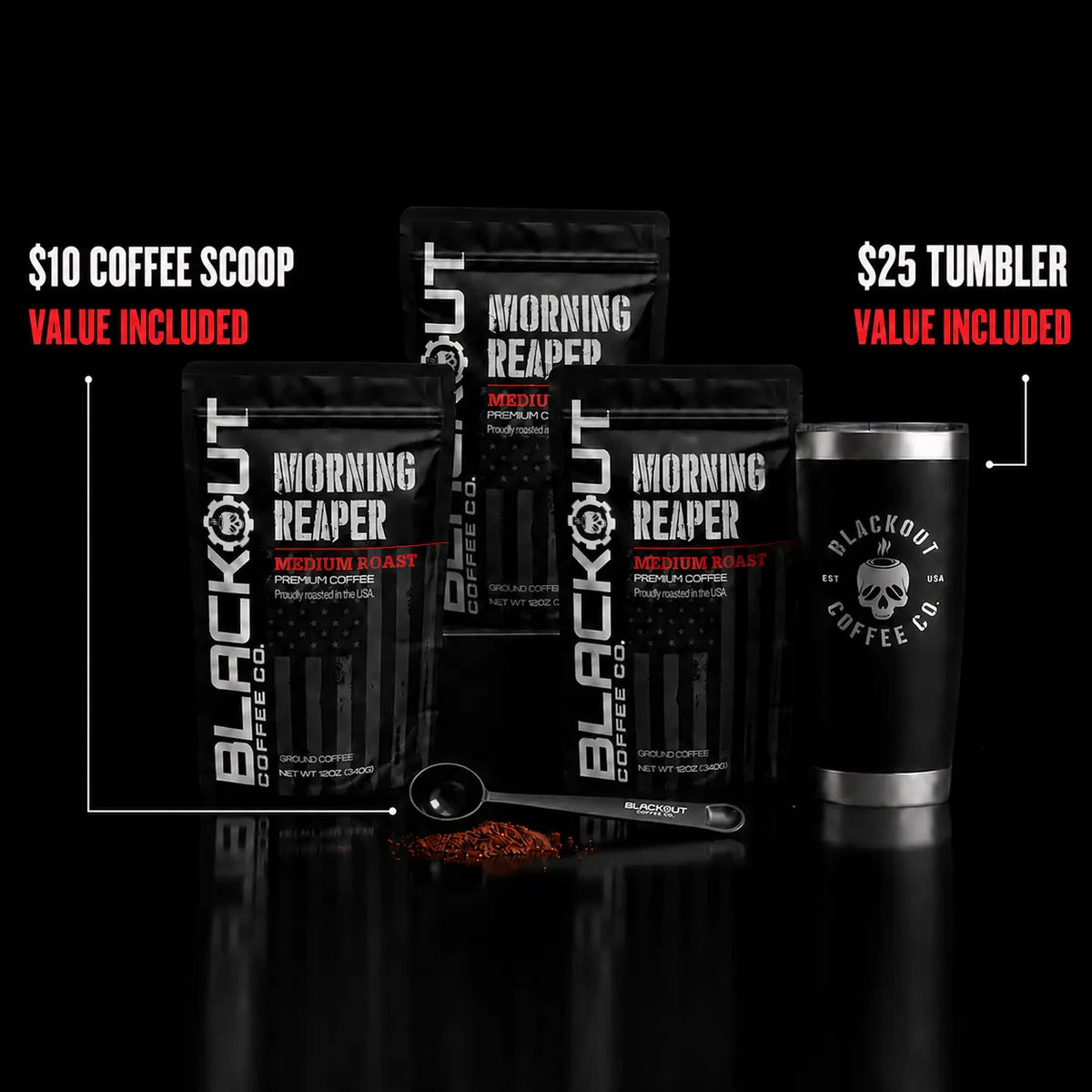 Blackout Coffee Best Seller Starter Kit with three Morning Reaper bags, tumbler, and scoop
