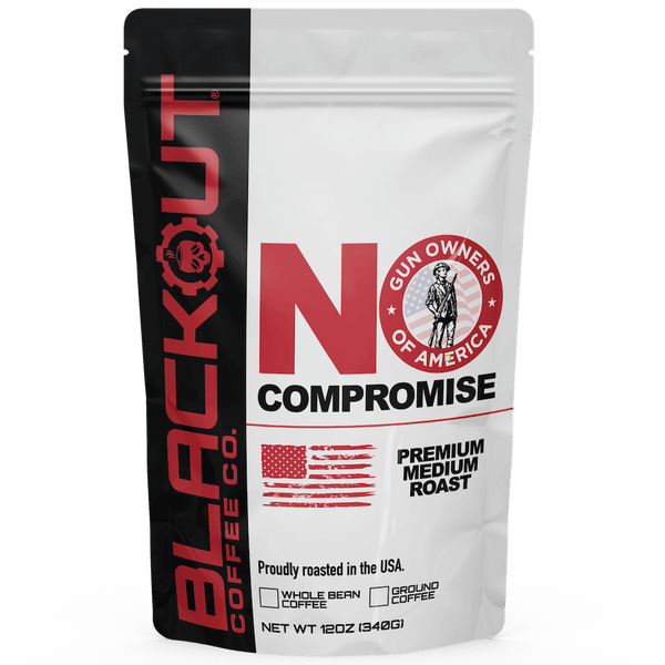 Blackout Coffee Co. packaging with 'No Compromise' branding on a white background