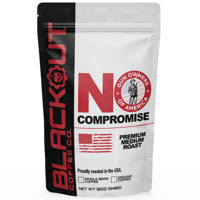Blackout Coffee Co. packaging with 'No Compromise' branding on a white background