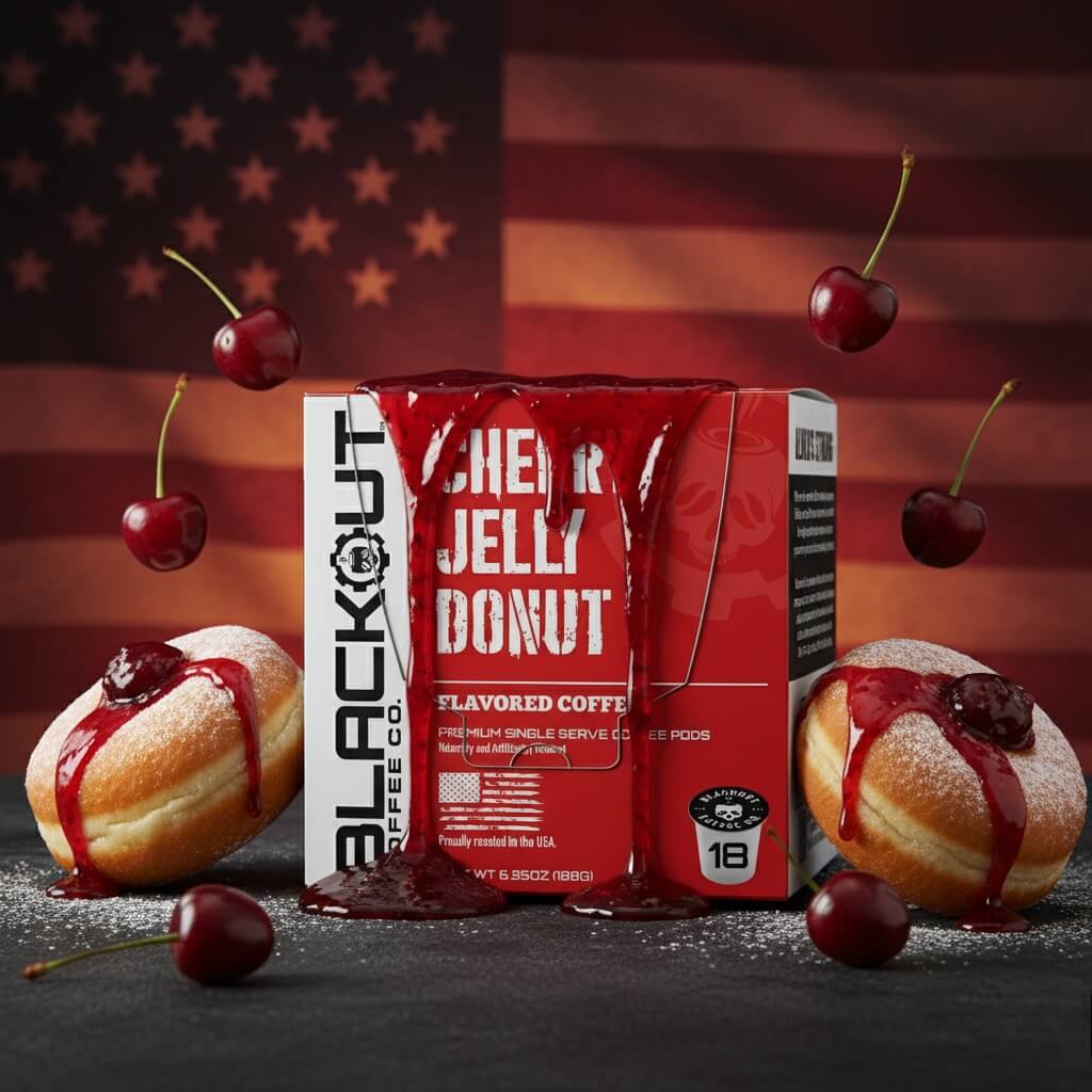 Blackout Coffee Co. Cherry Jelly Donut with donuts and cherries on a dark background.