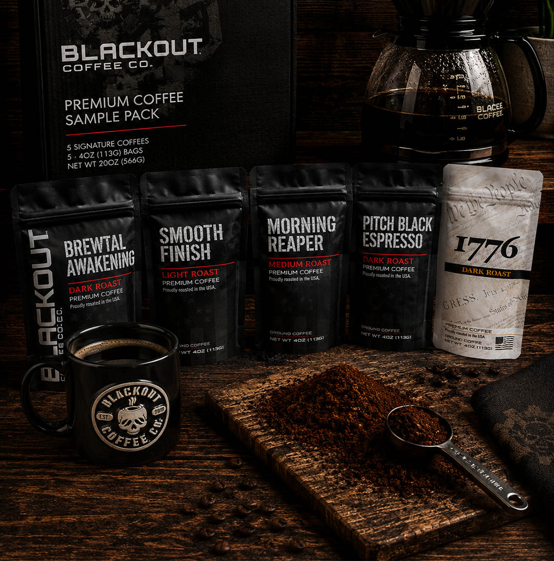 Blackout Coffee premium sample pack with five 4 oz bags