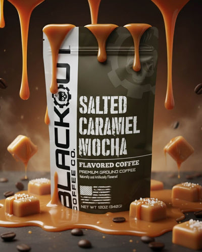 Salted Caramel Mocha coffee packaging with caramel drizzle and candies.