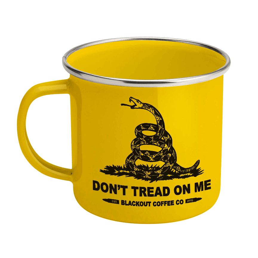 Don't Tread On Me Enamel Steel Scratch and Dent Mug 12 oz - Blackout Coffee Co.