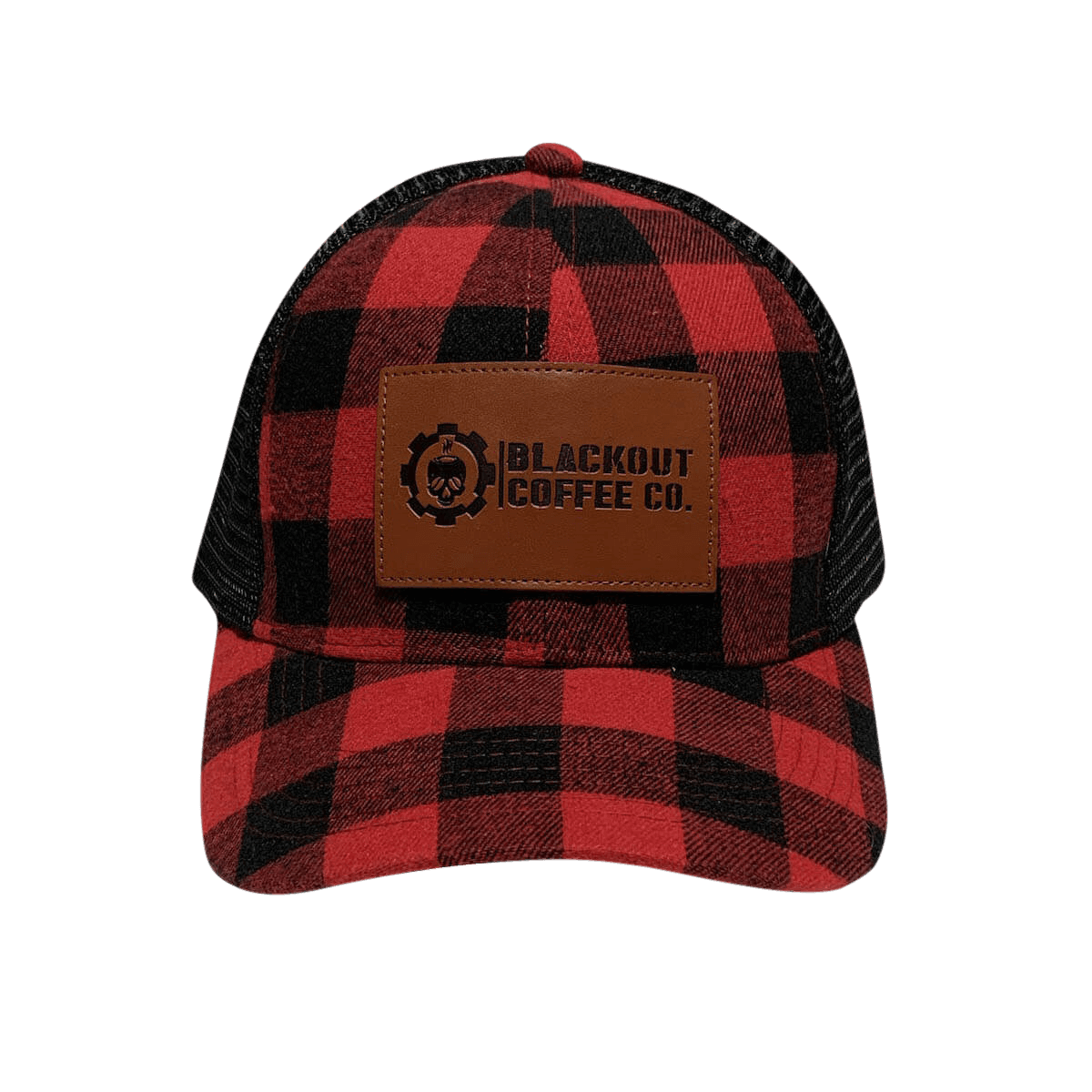 Leather Patch Plaid Trucker Hat w/ Black Mesh & Snapback