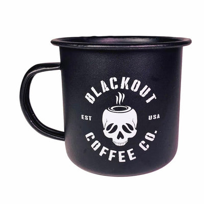Matte Black Enamel Steel Mug w/ Blackout Logo 12 oz